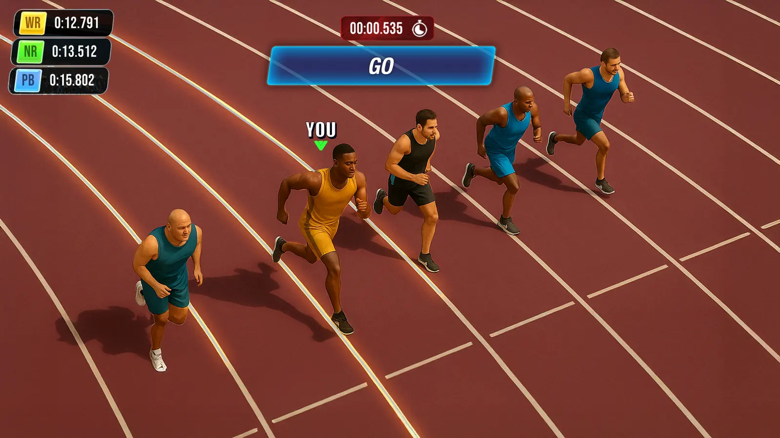 Prova de velocidade numa pista de atletismo no jogo World Sports Games & Athletics