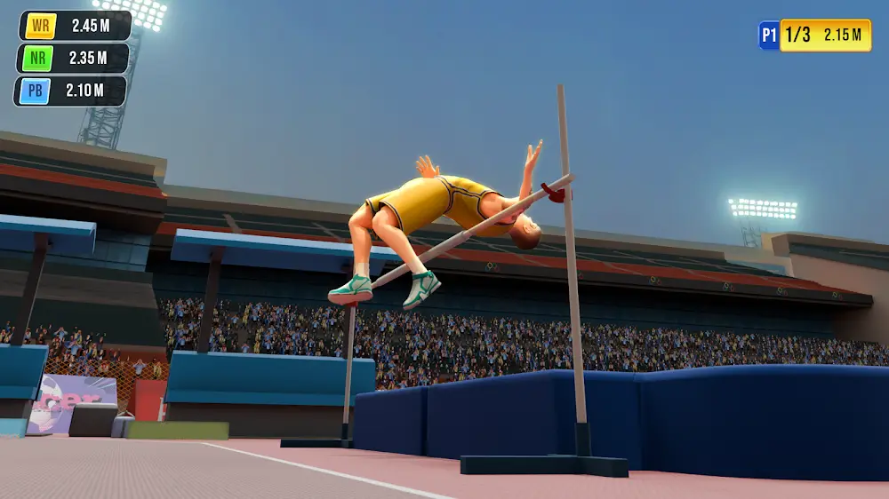 Salto em altura sobre a fasquia num estádio cheio, no jogo World Sports Games & Athletics