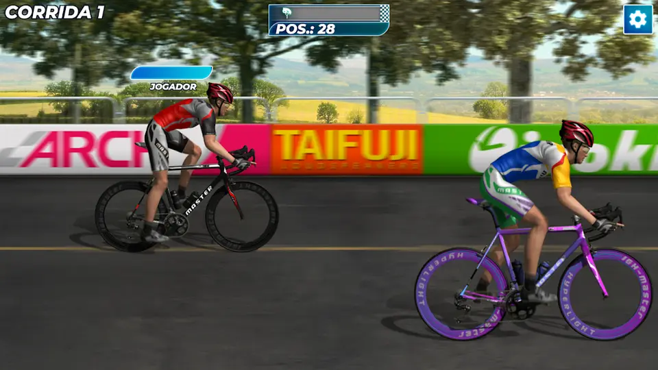 Dois ciclistas lado a lado numa corrida de estrada no jogo Ciclo Velocidade