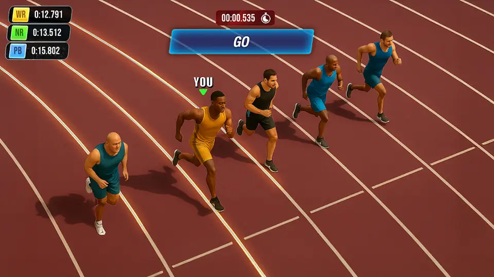 Corrida de velocidade em pista no jogo World Sports Games & Athletics
